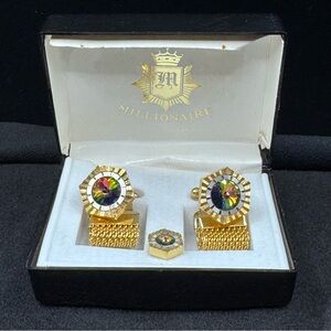 Vintage Millionaire Gold Tone Cufflinks and Tie Tack Set Aurora Borealis